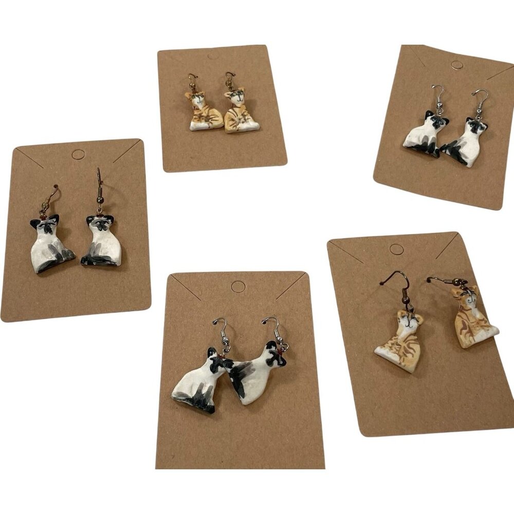 Vintage Cat Dangle Earrings Artist Hand Painted Kitten Kitsch Art Lot 90s Retro